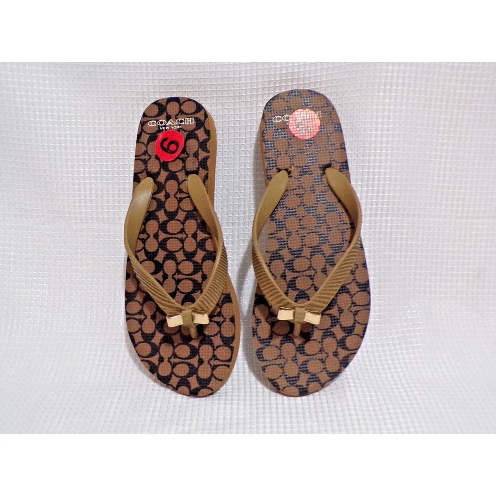 Coach Brown Logo Monogram Pattern Gold Bow Accents Flip-Flops Thongs Size 6